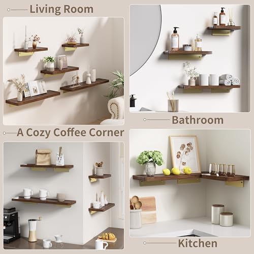 Danpoo 12 inch Floating Walnut wall Shelf, Small Wood Shelf for wall, Waterproof Wooden Shelf for Bathroom - color: Gold, size: 12 inch