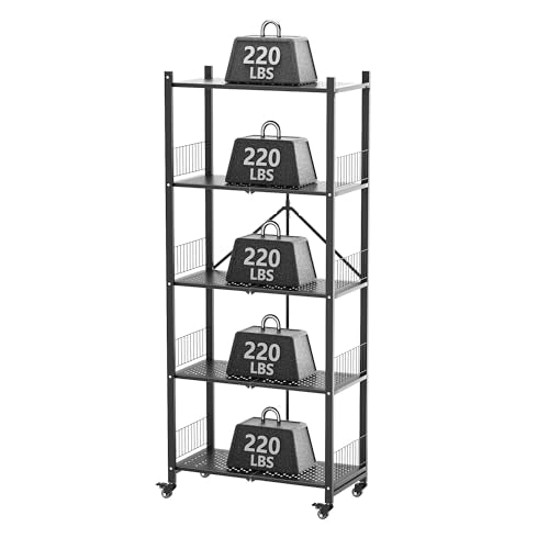 Folding Storage Shelves, Heavy Duty 5-Tier Metal Foldable Shelf Shelving Rack Organizer On Rolling Wheels in Kitchen Garage Apartment Pantry Basement No Assembly , 1100 LBS Capacity (Black, 5-Layer) - color: Black/5-tier