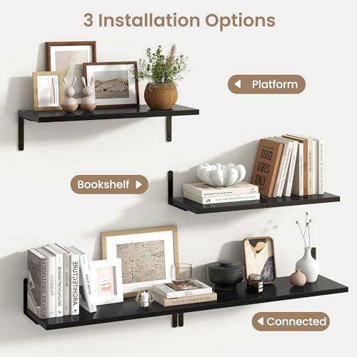 Fun Memories Deep Floating Shelves, 24W x 8D Floating Shelves Set of 2, Wall Mounted Shelf with Metal Brackets, Rustic Wood Wall Shelf for Bathroom, Kitchen and Living Room, Black - color: Black- L Bracket, size: 24"W x 8"D