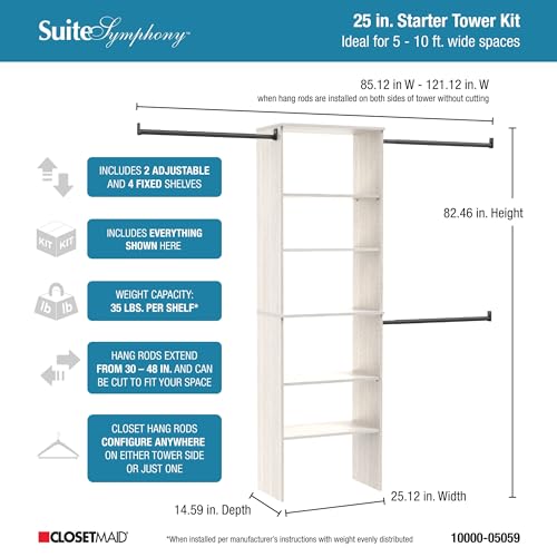 ClosetMaid SuiteSymphony Wood Closet Organizer Kit with Tower, (3) Hang Rods, (5) Shelves (2-Adjustable), Fits Spaces 5-10 ft. Wide, White Timber - style: White Timber Finish