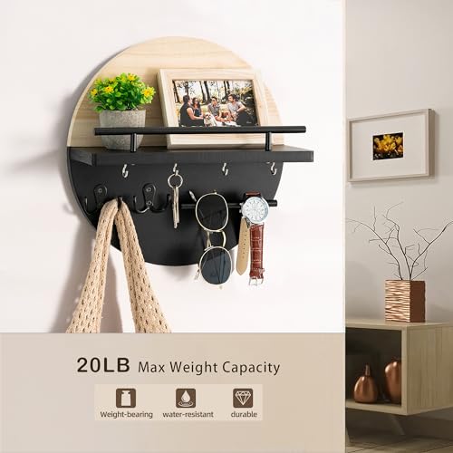 dreampossible Key Holder for Wall Decorative with Shelf and Hooks, Mail Organizer Wall Mount with Sunglasses Holder, Circular Design Entryway Key Rack Hanger, Rustic Home Decor - color: Light brown&Black