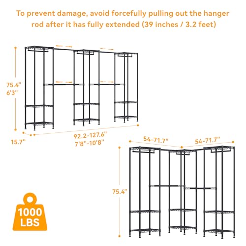 Higeego H11 Large Clothing Rack for Hanging Clothes Heavy Duty Garment Rack, Freestanding Wardrobe Closet Organizer and Storage with Expandable Hanger Rods, Extendable from 7.8 to 10.8 ft, Black - color: Black, style: 5 Row
