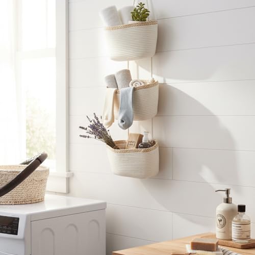 TeoKJ Over the Door Hanging Basket, 3-Tier Woven Cotton Wall-Mounted Storage Organizer Bag Decorative Hanging Nursery Baskets, White & Light Brown - color: White & Light Brown