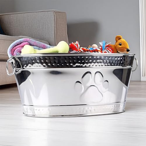BREKX Metal Indestructible Dog Toy Bin - Steel Dog Toy Basket with Handles, Pet Storage Box, Oval for Blankets, Leashes, & Ropes for Aggressive Chewers - Pawprint Design Home Decor (Silver) - color: Silver