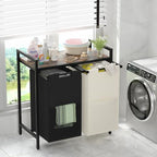 Huhote Double Compartment Laundry Basket, Laundry Sorter with Top Shelf, 2 Removable Washable Bags, Side Pockets, Black & White - color: 2 bags-White&Black
