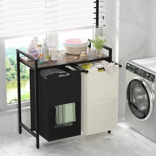 Huhote Double Compartment Laundry Basket, Laundry Sorter with Top Shelf, 2 Removable Washable Bags, Side Pockets, Black & White - color: 2 bags-White&Black