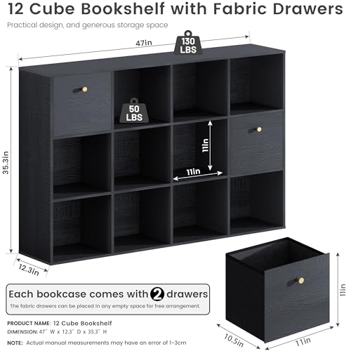 Cube Storage Organizer with 12 Open Shelf, Black Bookshelf with Storage Bins, Freestanding Book Case, Cubicle Shelf Bookcase for Bedroom Living Room Office Library, Wooden Cuby Shelves with Wood Grain - color: Black, size: 12 Cube