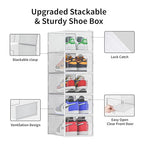 12 Pack Shoe Organizer Storage Bins, Clear Plastic Stackable Shoe Boxes for Closet, Space Saving Foldable Shoe Storage Bins, Sneaker Storage Shoe Box Container, White Frame