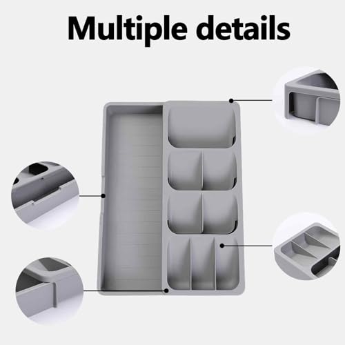 Expandable Kitchen Drawer Organizer Tray, 15.9×10.3×2.2in,Adjustable Silverware Storage for Spoons,Forks,Knives, Compact Cutlery Holder Saves Space(Grey)