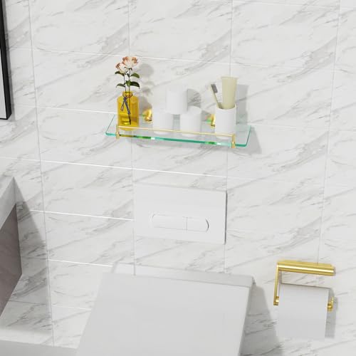 Glass Bathroom Shelves,Brushed Gold Floating Shelves for Wall Rectangular Modern Stainless Steel Glass Shelf for Bathroom Shelves Wall Mounted 16 Inch - color: Brushed Gold, size: 16"with railing