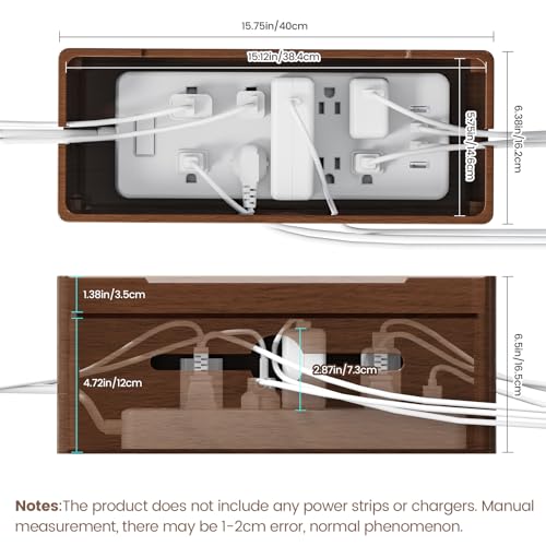 Extra Large Cable Management Box – Brown Double Layer Wooden Cord Organizer with Divider for Desk, TV Stand, Kitchen, and Office （NO Power Strips or Chargers）