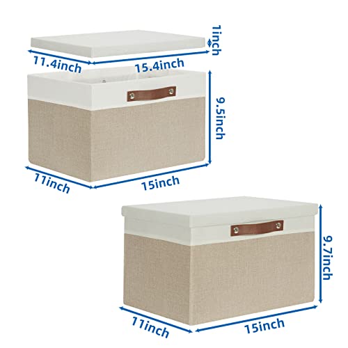 Temary Foldable Storage Bins with Lids, [2-Pack] Large Storage Baskets with Lid, Fabric Storage Bin for Organizing Home (White & Khaki, 15x11x9.5inch) - color: White&Khaki, size: 15×11×9.5