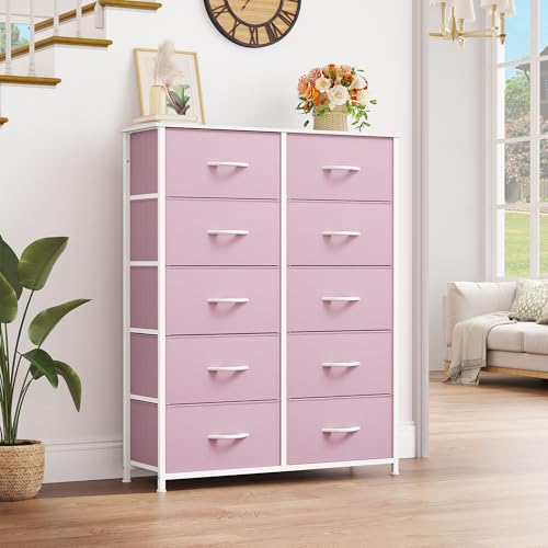 YITAHOME 10 Drawer Dresser - Fabric Storage Tower, Organizer Unit for Bedroom, Living Room, Hallway, Closets - Sturdy Steel Frame, Wooden Top & Easy Pull Fabric Bins, Pink - color: Pink, style: 10-Drawer