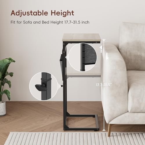Vagusicc C Shaped End Table, Set of 2 Tall Side Table for Couch, Adjustable Height Small Couch Side Table for Small Spaces, End Table Slide Under Sofa Table TV Tray Arm Table for Living Room, Grey - color: Greige 2pc