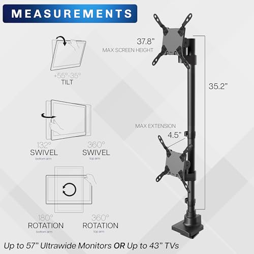 VIVO Dual Vertically Stacked Ultra-Wide Monitor Desk Mount for up to 57 inch Screens, Heavy Duty Adjustable Stand for 2 Ultrawides, 59.4 lbs Capacity, Black, STAND-V257R - color: Black, size: up to 57" screens