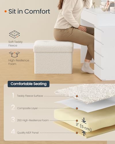 SONGMICS Small Folding Storage Ottoman, Foot Rest Stool, 12.2 x 16.1 x 12.2 Inches, Ottoman with Storage, Load up to 286 lb, for Living Room, Bedroom, Dorm, Cream White ULSF094W01 - color: Cream White, style: Teddy Fleece