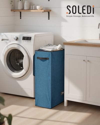 SOLEDI Slim Laundry Hamper with Lid, Narrow Laundry Basket with Removable Bags, Dirty Clothes Hamper with handle, Small Hamper perfect for Laundry room, Bathroom, Bedroom, Small spaces. 70L Blue - color: Blue, size: 70L