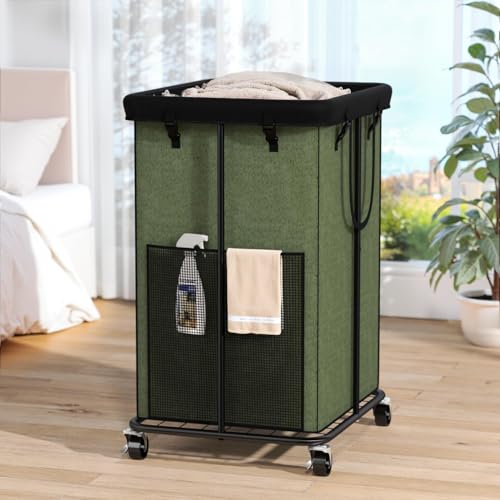 150L Laundry Hamper with Wheels, Rolling Laundry Basket with Metal Frame and Removable Bag, Large & Tall Dirty Clothes Hampers for Bedroom Aesthetic, Laundry Room, Bathroom, Dorm-Green - color: Green, size: 40GAL
