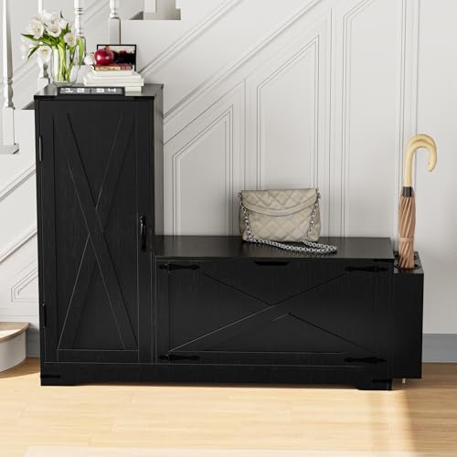 GOODONE 52" Farmhouse Shoe Cabinet with Bench, L-Shaped Shoe Storage Bench with Umbrella Stands, Tall Shoe Organizer Cabinet with Adjustable Shelves for Entryway, Living Room, and Stairwell(Black) - color: Black