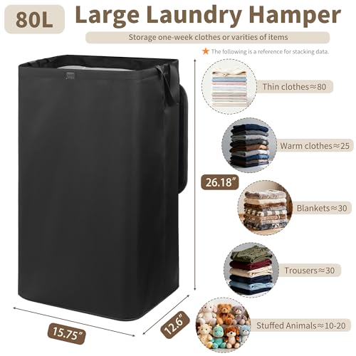 80L Large Laundry Hamper with Lid, Foldable Laundry Bag for Washing Machine with Removable Inner Bag, Dirty Hampers for Bedroom, Bathroom,Laundry Room, College (Black) - color: Black
