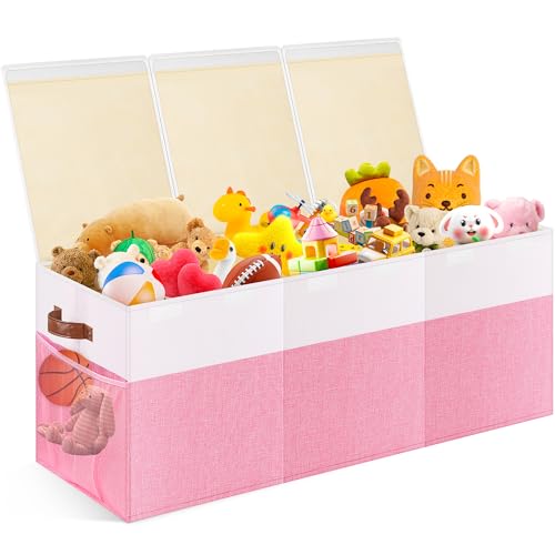 Extra Large Toy Storage Box with Lid, Collapsible Sturdy Toys Chest Storage Organizer Bin Basket with Divider for Kids, Boys, Girls, Closet, Playroom, Bedroom, Nursery, 40"X14"X16", Pink & White - color: Extra Large Pink & White