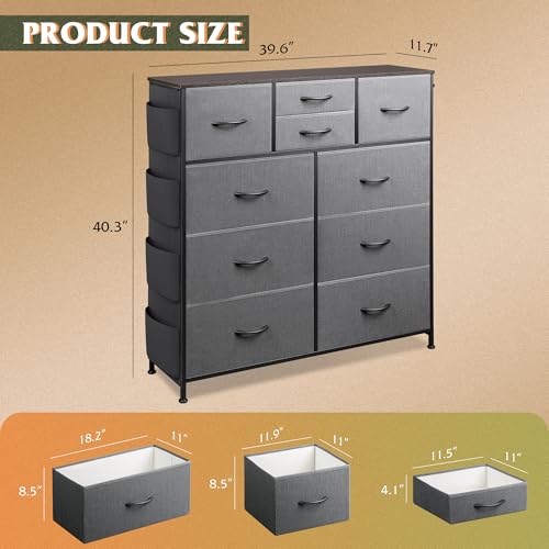 WLIVE Dresser for Bedroom with 10 Drawers, Fabric Dresser Chest of Drawers with Side Pockets and Hooks, Sturdy Metal Frame, Drawers Organizer Unit for Room, Hallway, Dark Gray - color: Dark Gray
