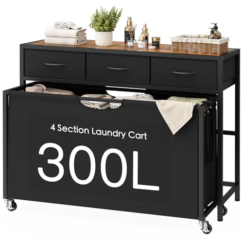 Laundry Sorter, Rolling Laundry Hamper with 4 Section Pull-Out Bags, 300L Large Laundry Basket Organizer with 3 Drawers, Laundry Hamper with Wheels for Laundry Room Organization, Bathroom, Bedroom - size: 300 L