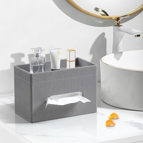 Plus Size Tissue Box Cover Rectangle, PU Leather Tissue Box Holder with Storage Tray, Decorative Organizer Tissue Holder for Bathroom, Bedroom Dresser, Night Stand, Office (Grey) - color: Grey