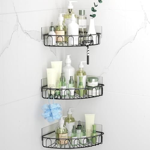 Orimade Corner Shower Caddy Stainless Steel with Hooks Wall Mounted Bathroom Shelf Storage Organizer Adhesive No Drilling 3 Pack, Black Only for 90-Degree Corner - color: Black
