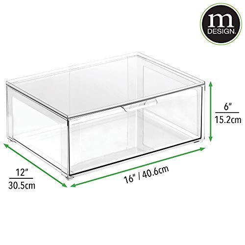 mDesign Plastic Stackable Closet Storage Organizer Bin Containers with Front Pull Drawer for Cabinet, Desk, Shelf, Cupboard, or Dresser Organization - Lumiere Collection - Clear - size: 16 x 12 x 6 (Pack of 1)