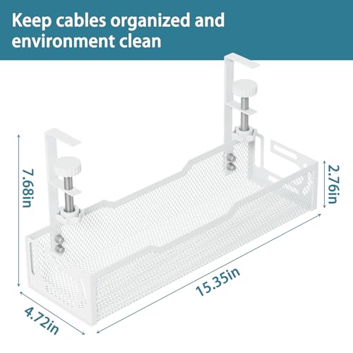 Under Desk Cable Management Tray, No Drill Mesh Desk Cable Tray, Wire Management Tray Cable Management Rack, Wire Organizer and Cable Management Box (White) - color: 1Pack-White (15.3'')