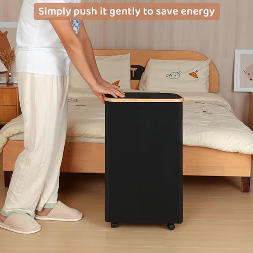 Slim Laundry Basket with Wheels,Narrow Hampers for Laundry,Freestanding Laundry Hamper with Lid&Bamboo Handles,Collapsible & Waterproof Tall Cloth Hamper for Dorm Family(60L Black) - color: Black, size: 60L with Wheels