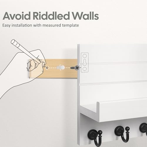 HONJIN Key Holder for Wall: Easy Installation Mail Organizer Wall Mount Hanging Key Rack for Kitchen and Entryway Decor with 5 Sturdy Key Hooks (White) - color: White
