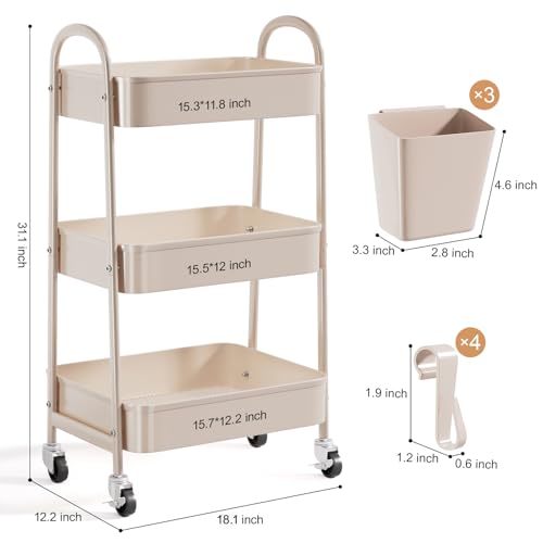 3 Tier Khaki Metal Utility Rolling Cart, Storage Cart with Handle and Lockable Wheels, Multifunctional Organizer Trolley with Mesh Storage Baskets for Kitchen, Office, Living Room, Laundry, Garage - color: Rustic Khaki, size: 3 tier