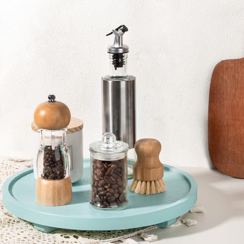 Round Decorative Tray Wood Bathroom Counter Organizer Farmhouse Kitchen Decor Wooden Riser for Soap Dish, Perfume, Candle, Sponge, 12" - Light Blue - color: Light Blue, size: 12"