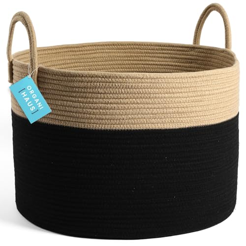 OrganiHaus Large Woven Storage Basket for Blankets and Toys 20" x 13" Inch, Rope Laundry Basket with Handles, Cushions & Pillows Storage Bin, Nursery Hamper, Soft Round Dog Toy Bin - Black/Honey - color: Black / Honey, size: Wide
