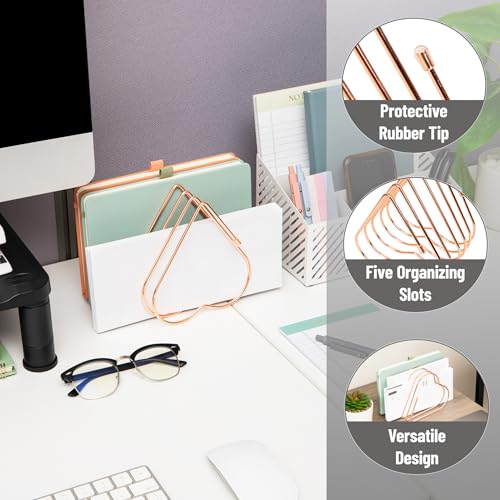 Mind Reader Heart-Shaped Desktop File Organizer, 5-Slot Metal Folder Rack, Magazine & Book Holder, Rose Gold