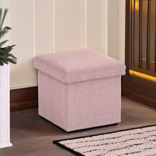 Ornavo Home Small Storage Ottoman Foldable Collapsible Cube Square Linen Ottoman Foot Rest Stool Seat, for Living Room, Bedroom, Home Office, Dorm - 12 x 12 x 12, Pink - color: Pink