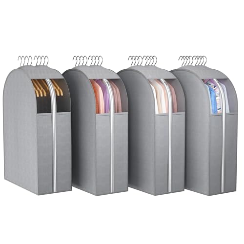 Liuoud 10" Gusseted Garment Bags for Hanging Clothes with Clear Window, 32" Suit Bags for Open Closet Storage, Clothing Cover for Coat, Dress, Jacket, Shirt, Fur Wardrobe Protector, 4 Packs - color: Grey with window, size: 32 inch