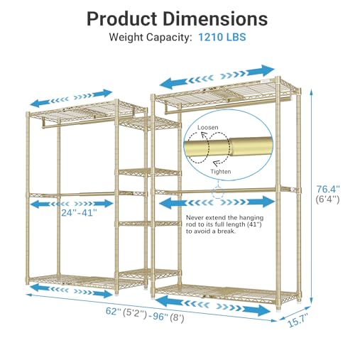 VIPEK X3 Expandable Heavy Duty Clothes Rack Adjustable from 5'2" to 8' with Adjustable Shelves and Hanger Rods, Large Freestanding Clothing Racks Reach-in & Walk-in Closet, Max Load 1210LBS, Gold - color: Gold, size: X3