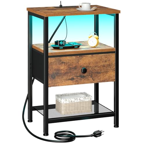 LOAKEKEL Nightstand with Charging Station, End Table with Fabric Drawer, LED Night Stand for Bedroom, Small Bed Side Table with USB Ports and Outlets, Brown, HETS01BR-1 - color: Rustic Brown, style: One-drawer