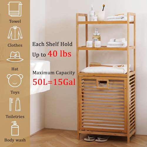 Baveke Bamboo Laundry Hamper with 3 Tier Shelves & Tilt Out Basket, Laundry Baskets Organizer Hampers Bathroom Storage Shelf for Laundry Room, Bathroom, Guest Room（3-Tier, Large） - color: Natural, size: YSJ01-3-50