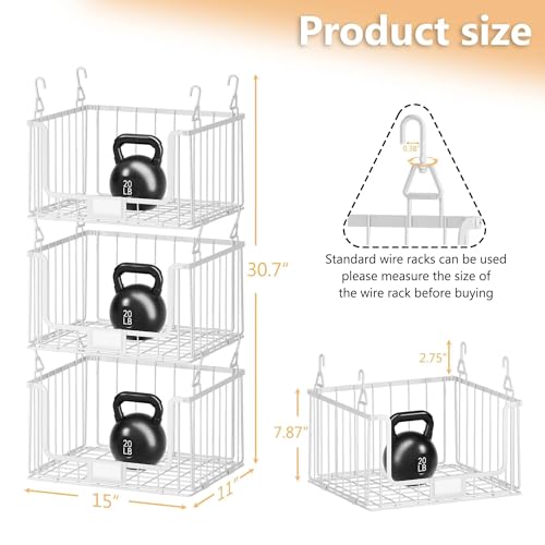 3-Pack Hanging Laundry Organizer, Stackable Wire Shelf Storage with Label Cards, Foldable Metal Baskets with 360 Rotating Hooks, Space-Saving for Laundry Room, Closet & Pantry, 11"15" Large, White - color: White, size: 3Tier-15"D x 11"W