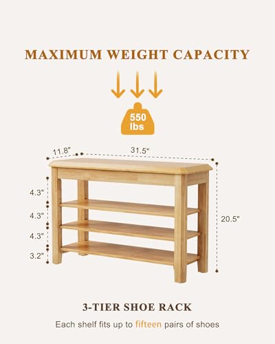 IUNVR Shoe Rack Bench Seat Rubberwood 3-Tier Wooden Storage Bench 550lbs Compact Mid-Century Modern Design for Entryway, Hallway, Closet, Front Door Entrance, Foyer - color: Natural-3 Tier(wood), size: 31.5"W x 11.8"D x 20.5"H