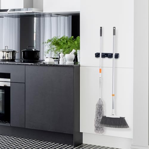 Superio Mop and Broom Holder Wall Mount Storage Organizer for Kitchen, Garage, Garden, 3 Slots (Black) - color: Black, size: Medium, 1-pack