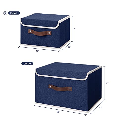 ANMINY Storage Bin with Lid Storage Boxes with PU Leather Handles PP Plastic Board Decorative Foldable Lidded Cotton Linen Fabric Home Cubes Baskets Closet Organizer Container - Blue, Small Size - color: Blue, size: Small (Pack of 1)