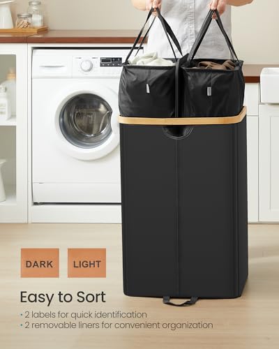 SONGMICS Laundry Hamper with Lids, Laundry Basket with 2 Compartments, 39 Gal. (150 L), Removable Liner Bag, for Laundry Room, Bedroom, Living Room, Ink Black and Light Bamboo ULCB523B01 - color: Ink Black, size: 150L (2-Section with Double Lid)