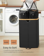 SONGMICS Laundry Hamper with Lids, Laundry Basket with 2 Compartments, 39 Gal. (150 L), Removable Liner Bag, for Laundry Room, Bedroom, Living Room, Ink Black and Light Bamboo ULCB523B01 - color: Ink Black, size: 150L (2-Section with Double Lid)