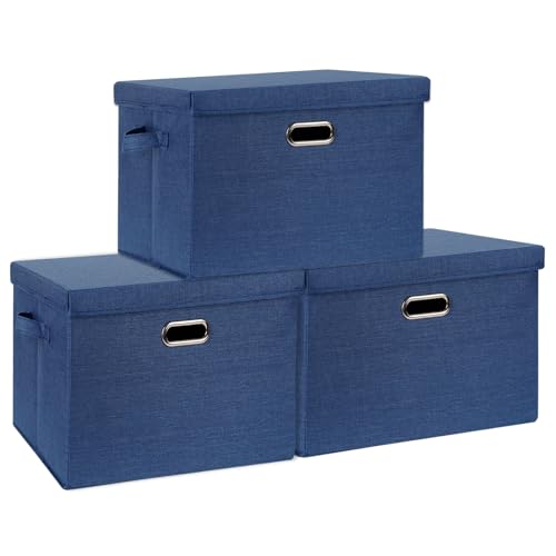 SNWDN 3 Pack Collapsible Fabric Storage Bins with Lids Fabric storage box with lids for Household and office use (Dark Blue 14.6x10.6x10.2 inches) - color: Dark Blue, size: Medium（3-Pack 14.6*10.6*10.2 Inches）
