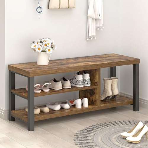 EXCEFUR Shoe Bench, Modern Wood Storage Bench for Entryway Hallway, Industrial Indoor Shoe Rack Bench Seat for Living Room Bedroom, 43.3 Inch Rustic Brown - color: Rustic Brown, size: 3-Tier